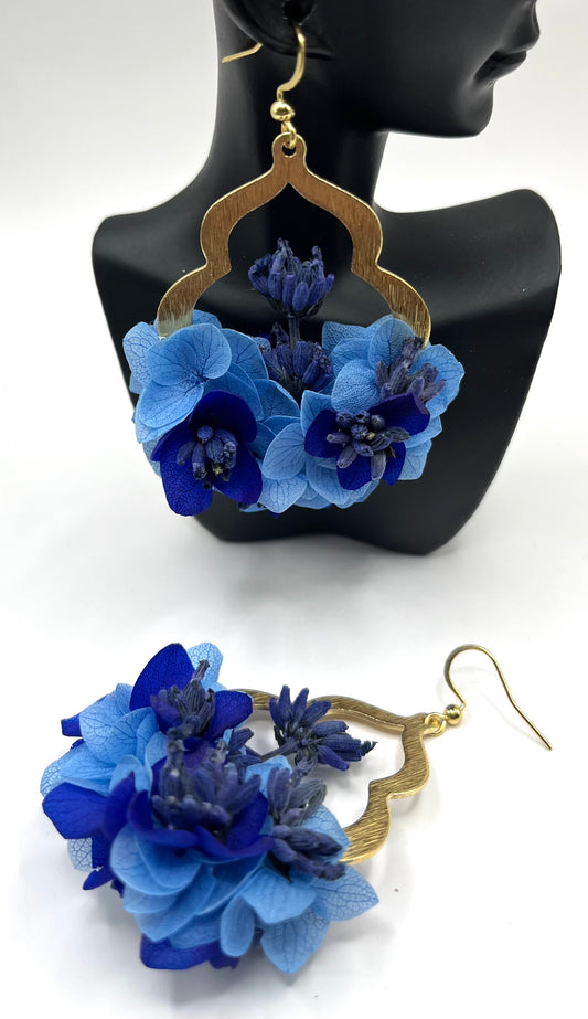 "Eclat Bleu Royal" Boucle d'Oreilles Unique en Hortansia & Lavande